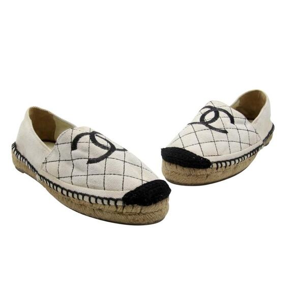 Chanel Espadrille 38 Canvas Quilted Double Stacked Flats CC-0208N-0011 - Picture 1 of 11